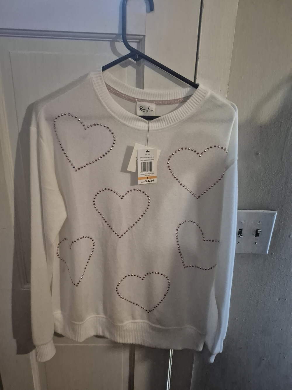 White Studded Heart Crewneck Sweater